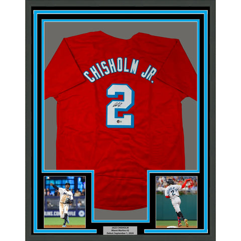 Framed Autographed/Signed Jazz Chisholm Jr. 33x42 Miami Red Jersey BAS COA