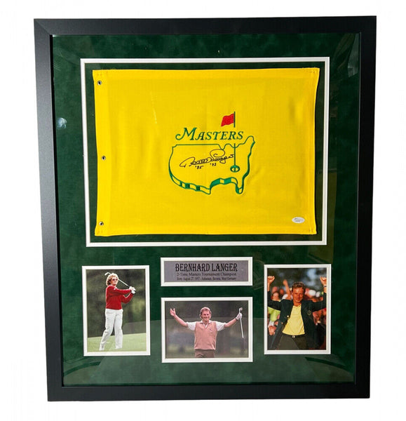 Bernhard Langer Signed Masters 26x30 Framed Pin Flag Display (JSA) 2xChamp
