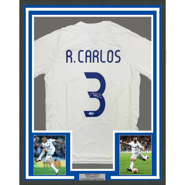 Framed Autographed/Signed Roberto Carlos 35x39 Real Madrid Jersey Beckett COA