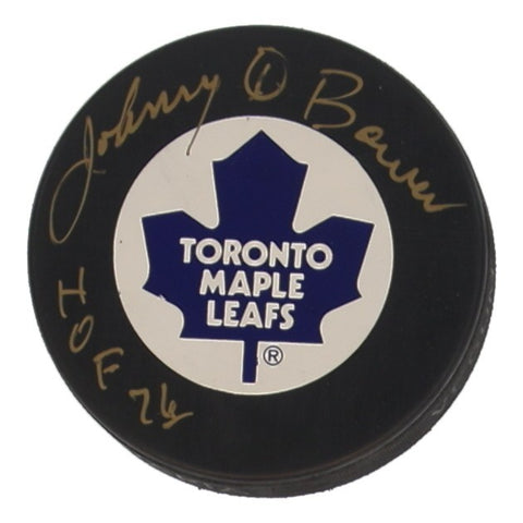 Johnny Bower Signed Toronto Maple Leafs Logo Puck "HOF 76"(Beckett) 4xCup Champ