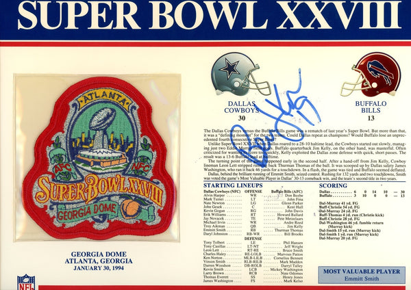 Bernie Kosar Autographed Dallas Cowboys SB XXVIII Patch Stat Card Beckett 54954