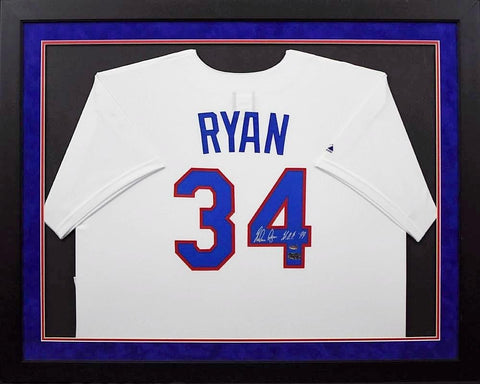 NOLAN RYAN AUTOGRAPHED TEXAS RANGERS MAJESTIC #34 FRAMED JERSEY W/ HOF 99