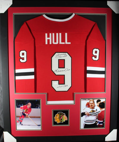 BOBBY HULL INSCRIBED 2x (Blackhawks red TOWER) Signed Framed Jersey JSA