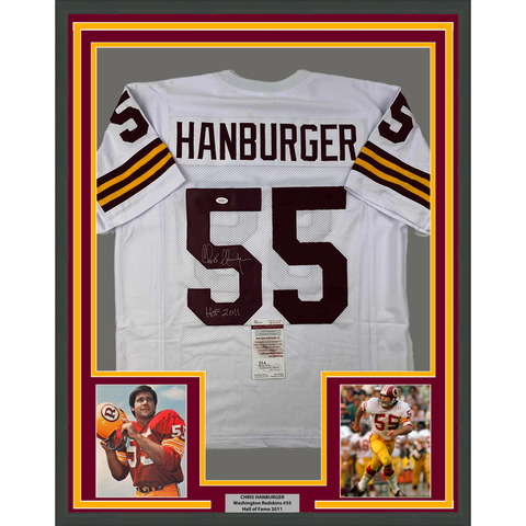 Framed Autographed/Signed Chris Hanburger 33x42 HOF 2011 White Jersey JSA COA