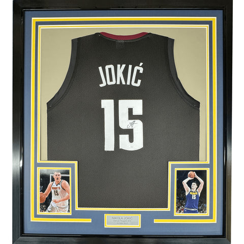 Framed Signed Nikola Jokic 35x39 Denver Black 5280 Jersey JSA COA