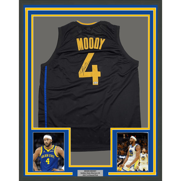 Framed Autographed Moses Moody 35x39 Golden State Black Jersey Beckett BAS COA