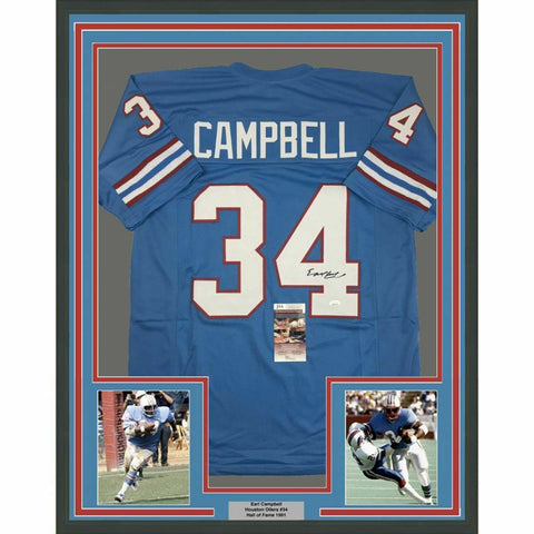 FRAMED Autographed/Signed EARL CAMPBELL 33x42 Houston Blue Jersey JSA COA Auto