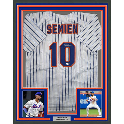 Framed Autographed/Signed Marcus Semien 35x39 NY Pinstripe Jersey BAS COA