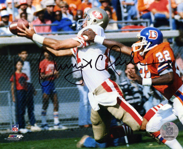Dwight Clark Signed 49ers White Jersey Catching Football 8x10 Photo - (SS COA)