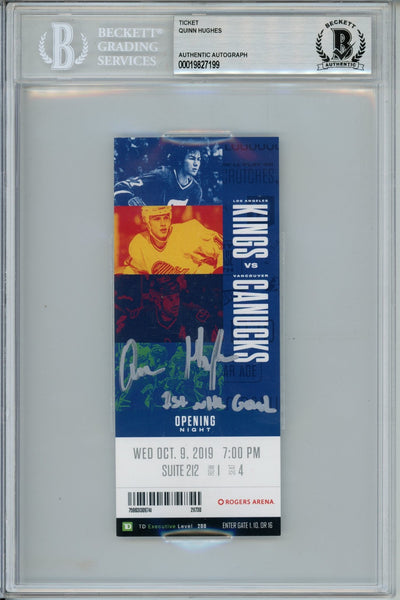 Quinn Hughes Signed Vancouver Canucks 10/9/19 1st NHL Goal Ticket Beckett 57194