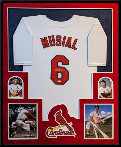 FRAMED IN SUEDE ST LOUIS CARDINALS STAN MUSIAL AUTOGRAPHED JERSEY JSA COA