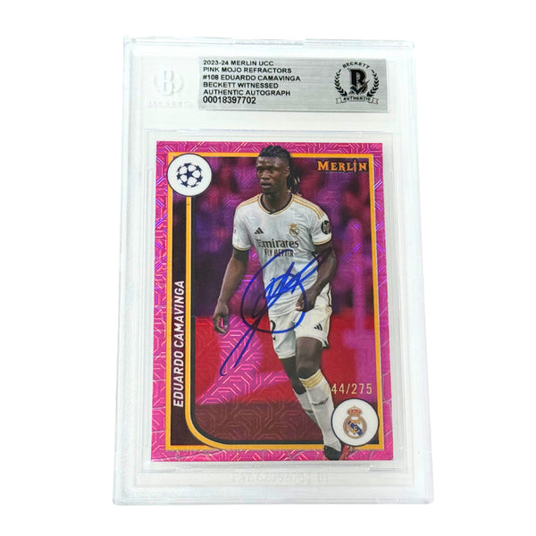 Eduardo Camavinga Signed 2023-24 Topps Merlin UCC Pink Mojo - Beckett Witness