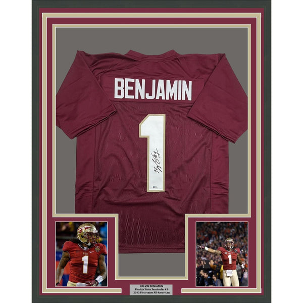 Framed Autographed/Signed Kelvin Benjamin 35x39 FSU Jersey Beckett BAS COA
