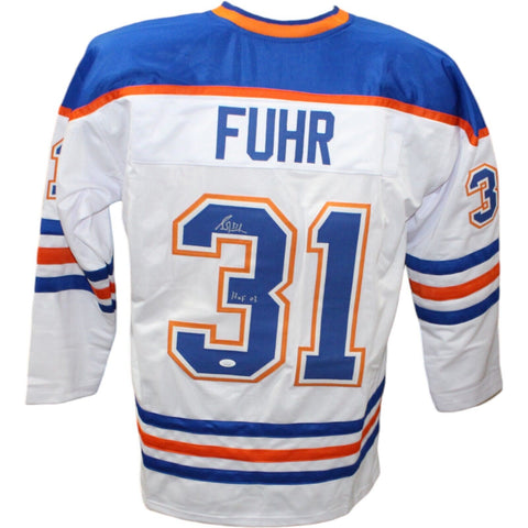 Grant Fuhr Autographed/Signed Pro Style White Jersey HOF JSA 43534