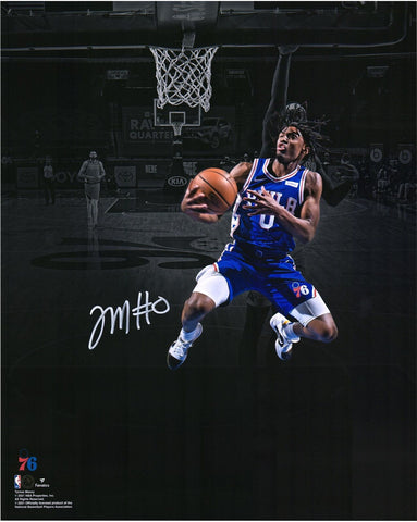 Tyrese Maxey Philadelphia 76ers Autographed 16" x 20" Lay Up In Blue Photograph