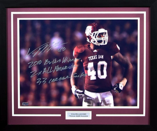 VON MILLER SIGNED TEXAS A&M AGGIES 16x20 FRAMED PHOTO W/ 3 INSCRIPTIONS