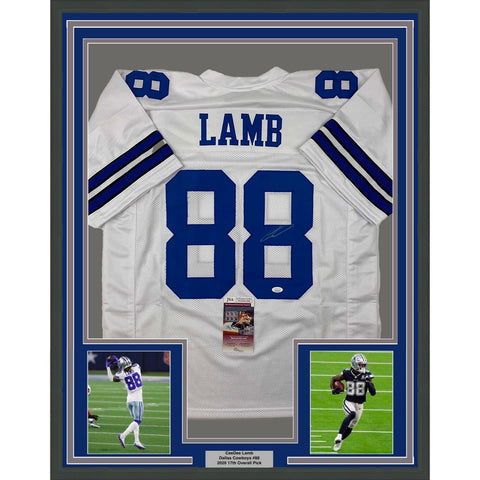 Framed Autographed/Signed CeeDee Lamb 35x39 Dallas White Football Jersey JSA COA