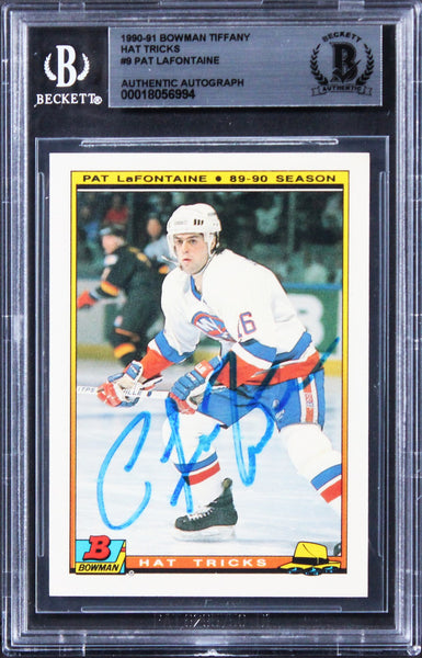 Islanders Pat LaFontaine Signed 1990 Bowman Tiffany Hat Tricks #9 Card BAS Slab