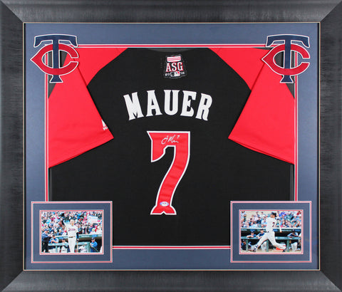 Twins Joe Mauer Signed Navy Majestic 2015 ASG Framed Jersey PSA/DNA #AL51203
