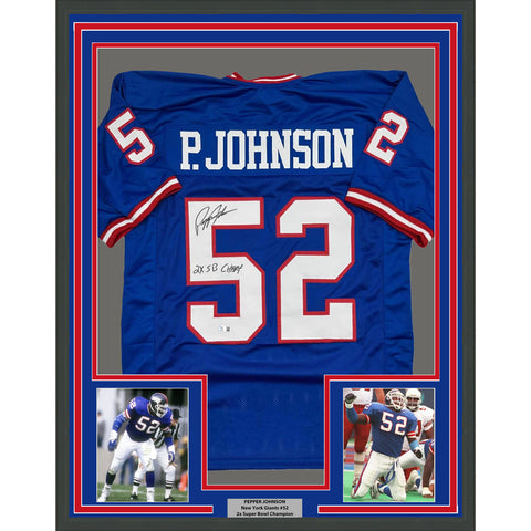 Framed Autographed/Signed Pepper Johnson 35x39 New York Blue Jersey Beckett COA
