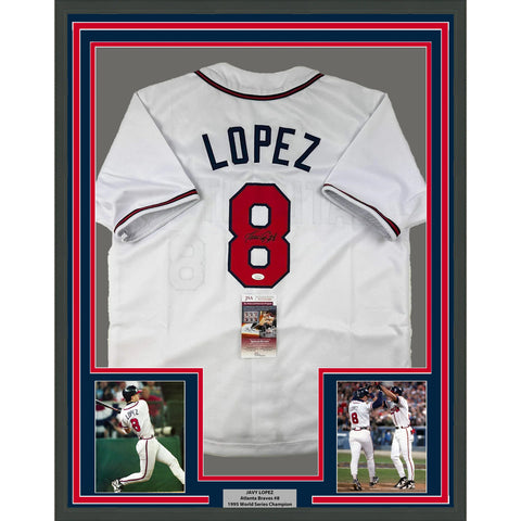 Framed Autographed/Signed Javy Lopez 35x39 Atlanta White Baseball Jersey JSA COA
