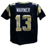 Kurt Warner Autographed/Signed Pro Style Blue XL Jersey Beckett BAS 34236