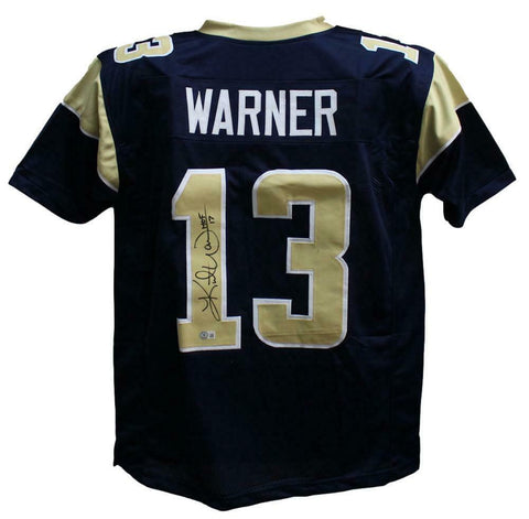 Kurt Warner Autographed/Signed Pro Style Blue XL Jersey Beckett BAS 34236