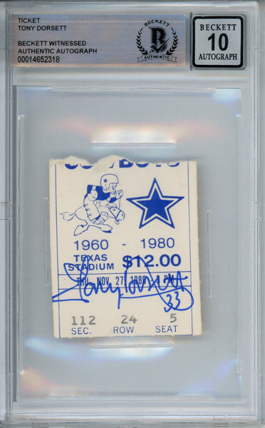 Tony Dorsett Signed 11/27/1980 vs Seahawks Ticket Stub Beckett 10 Slab 39236