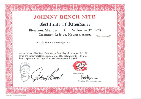 Johnny Bench Night Cincinnati Reds 9/17/1983 Retirement Certificate 56271