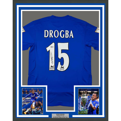 Framed Autographed/Signed Didier Drogba #15 35x39 Chelsea FC Blue Jersey BAS COA