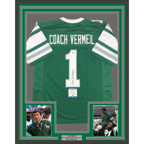 Framed Autographed/Signed Dick Vermeil 33x42 Philadelphia Green Jersey JSA COA