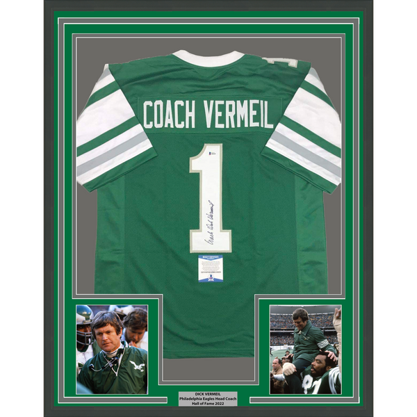 Framed Autographed/Signed Dick Vermeil 33x42 Philadelphia Green Jersey JSA COA