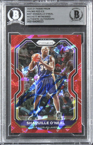 Lakers Shaquille O'Neal Signed 2020 Panini Prizm Red Ice #207 Card BAS Slabbed