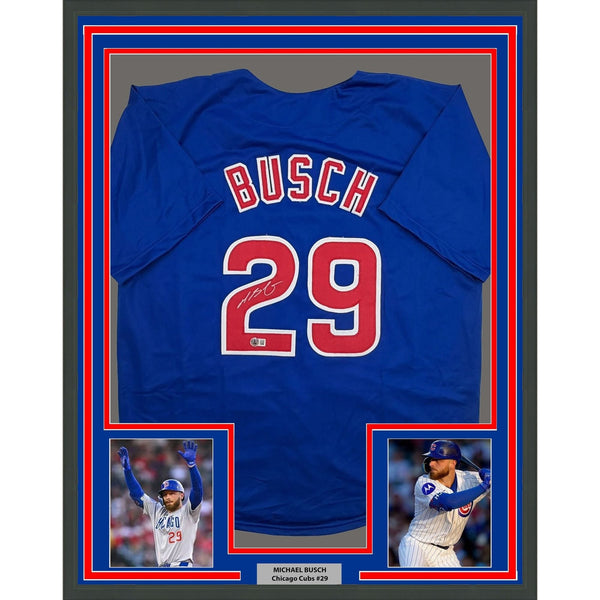 Framed Autographed/Signed Michael Busch 35x39 Chicago Blue Jersey BAS COA