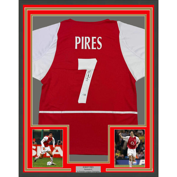 Framed Autographed/Signed Robert Pires 35x39 Arsenal Red Jersey Beckett BAS COA
