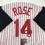 Autographed/Signed PETE ROSE Cincinnati Pinstripe Jersey JSA COA Auto