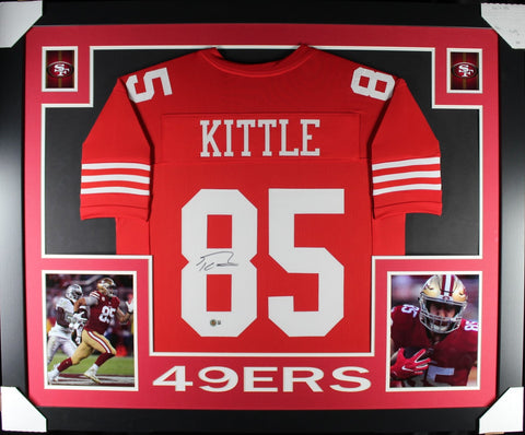 George Kittle Autographed Pro Style Red XL Framed Jersey 35x43 Beckett 51223