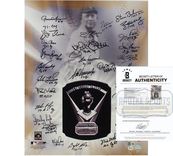Multi-Signed Unframed 16x20 CY Young Award Photo 30 sig R Halladay/ F Valenzuela