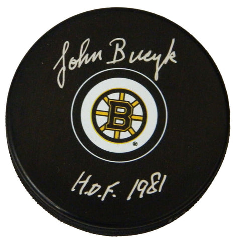 JOHNNY BUCYK Signed Boston Bruins Logo Hockey Puck w/HOF 1981 - SCHWARTZ