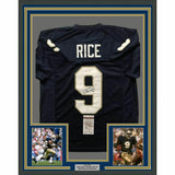 FRAMED Autographed/Signed TONY RICE 33x42 Notre Dame Blue College Jersey JSA COA