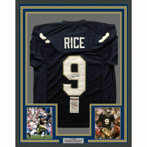 FRAMED Autographed/Signed TONY RICE 33x42 Notre Dame Blue College Jersey JSA COA