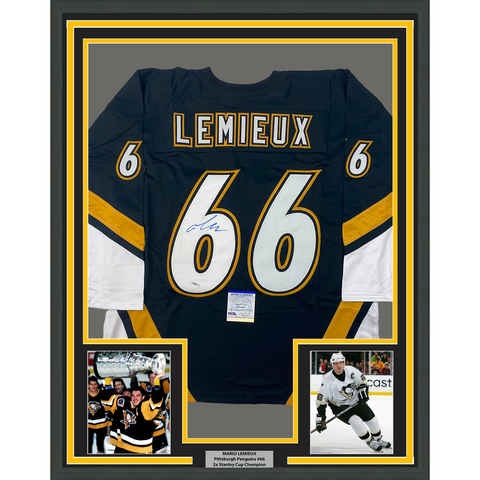 Framed Autographed/Signed Mario Lemieux 33x42 Pittsburgh Black Jersey PSA COA