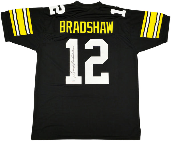 STEELERS TERRY BRADSHAW AUTOGRAPHED SIGNED BLACK JERSEY BECKETT WITNESS 232814