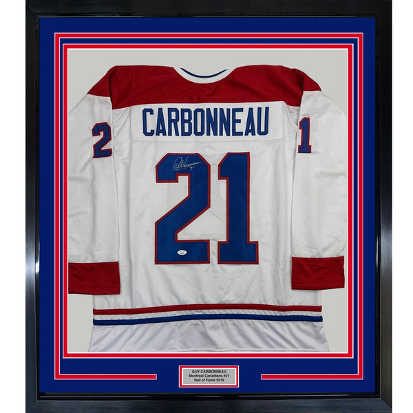 Framed Signed Guy Carbonneau 35x39 Montreal White Jersey JSA COA
