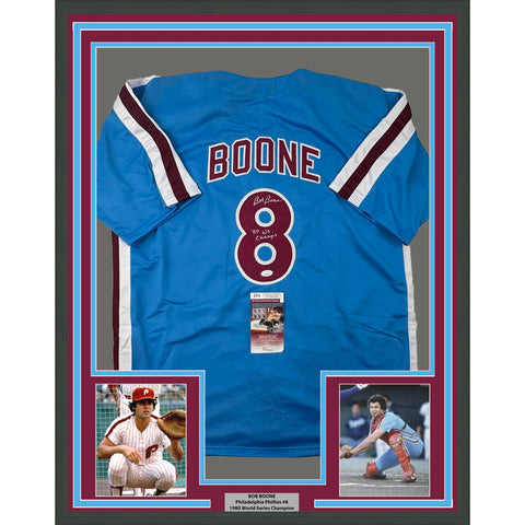 Framed Autographed/Signed Bob Boone 33x42 80 WS Champs Retro Blue Jersey JSA COA