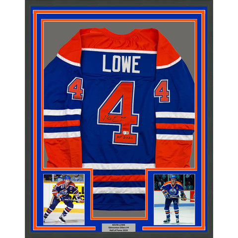 Framed Autographed/Signed Kevin Lowe 35x39 HOF Edmonton Blue Jersey Beckett COA