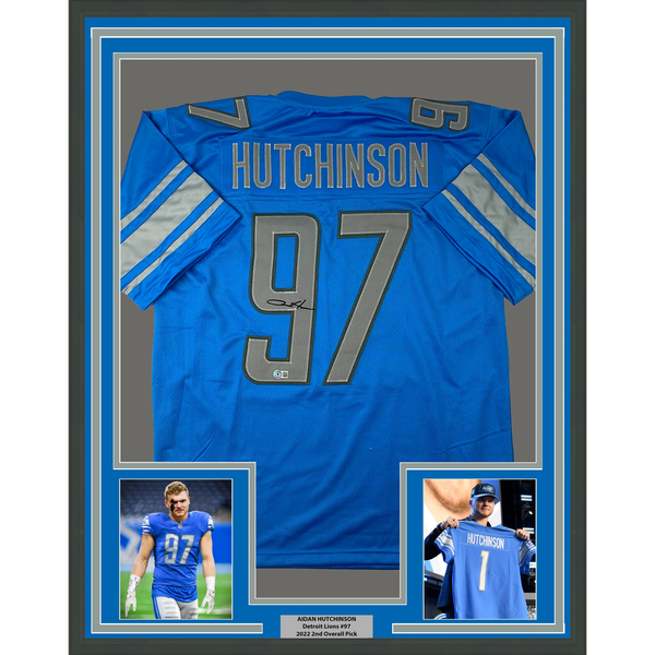 Framed Autographed/Signed Aidan Hutchinson 33x42 Detroit Blue Jersey BAS COA