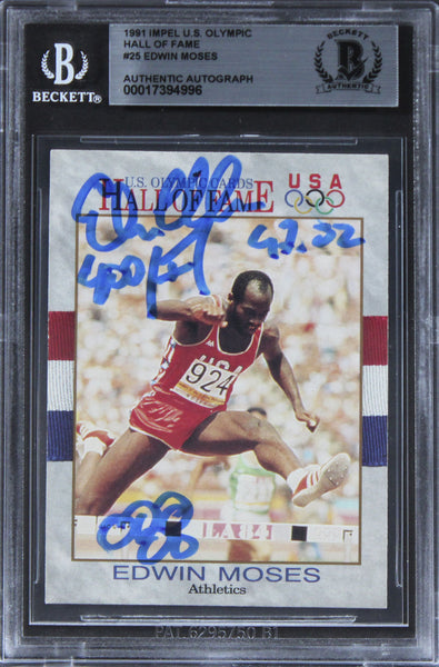 Edwin Moses "400, 47.02" Signed 1991 Impel U.S. Olympic HOF #25 Card BAS Slab
