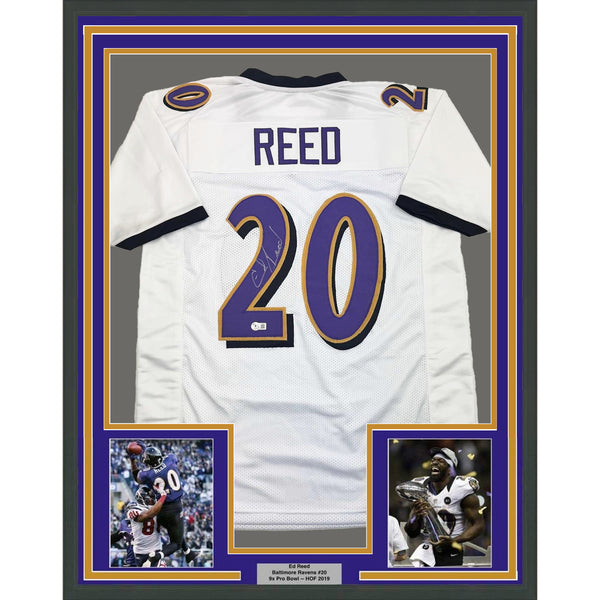 Ed Reed Signed Cleat Framed Autographed/Signed Ed Reed 35x39 Baltimore White Jersey Beckett ...