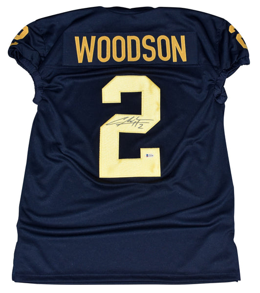CHARLES WOODSON SIGNED MICHIGAN WOLVERINES #2 NAVY GAME CUT JERSEY BECKETT